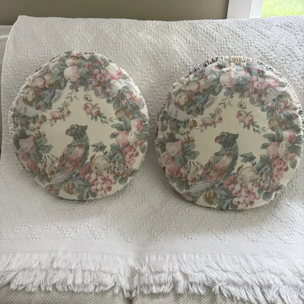 Vintage Round Floral Bird Pastel Tropical Cottagecore Ruched Edge Throw Pillows